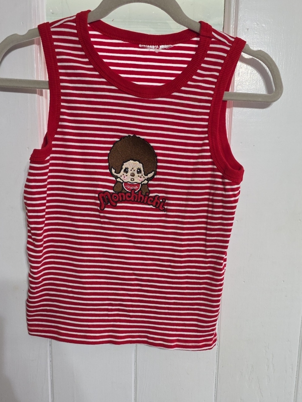 Monchhichi Women's Tank Top Red White Stripes Ribbed Knit NO BRAND TAG Sz L EUC